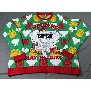 Jollidays Men 2XLT Ugly Christmas Sweater Elephant Warning May Re-Gift Green NEW